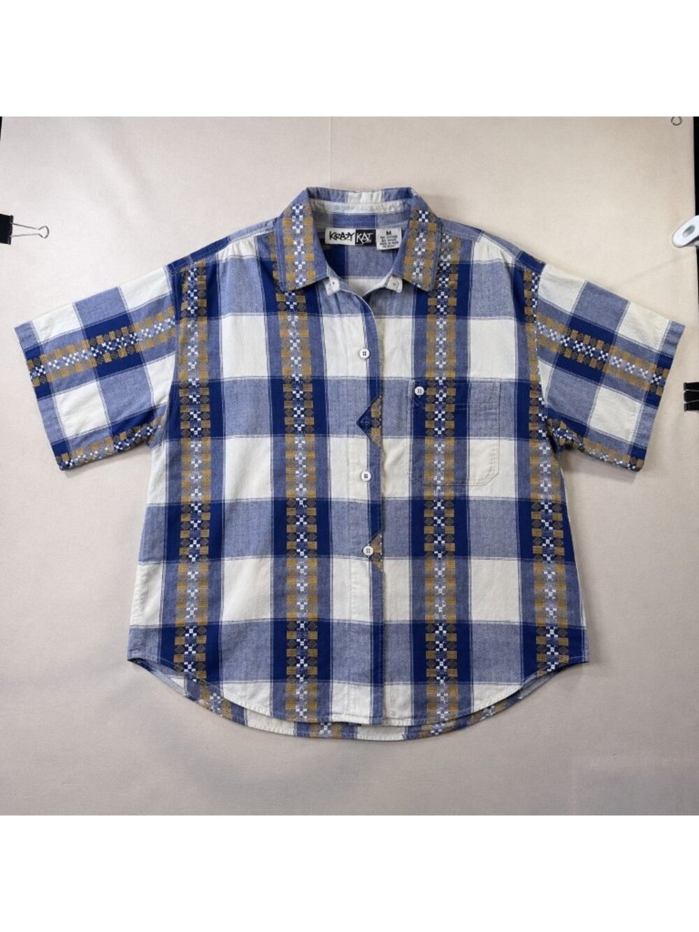 HK57 - Vintage 1988 Krazy Kat Women’s M Plaid Woven Button Shirt Blue Tan Cotto